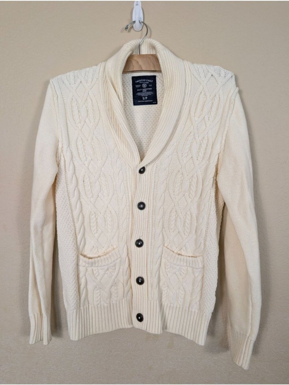 American Eagle Mens Cable knit Chunky knit Cardigan Fisherman Shawl Collar sz S